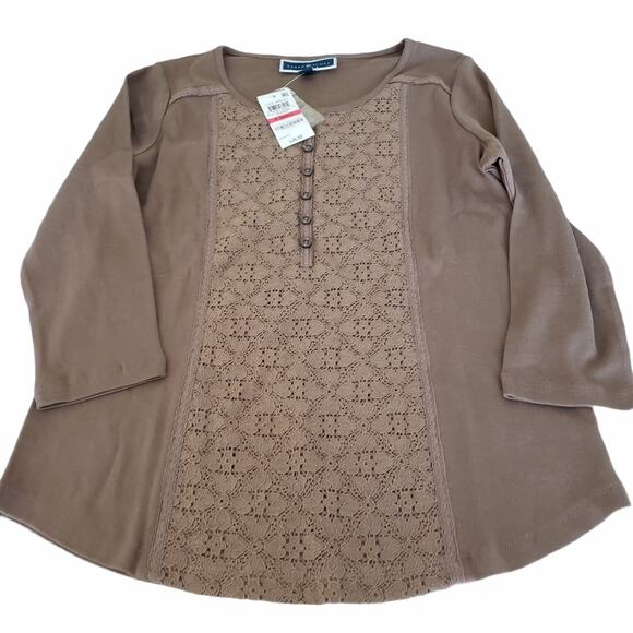 2 For $5 Sale NWT Karen Scott Brown Eyelet Lace Henley Top  XS - Picture 7 of 9